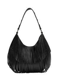 Fekete bőr hobo táska, bojt részletekkel, puha tapintással, ívelt formával és egyetlen pánttal. Fémes kiegészítők jellemzik.