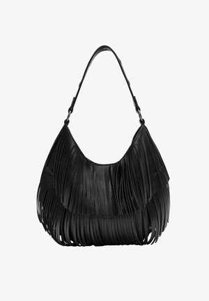 Schwarze Leder-Hobo-Tasche mit Fransenverzierungen, weicher Textur, geschwungener Form und einem einzigen Tragegurt. Mit metallischen Hardware-Details.