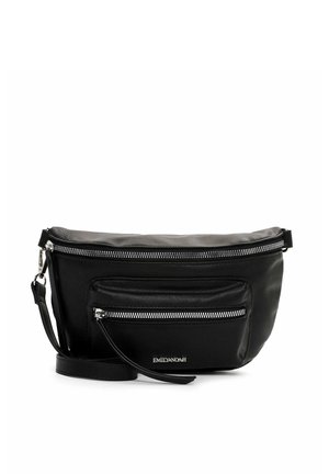 Black leather crossbody bag with silver zippers, featuring one front pocket and an adjustable strap. Smooth texture and minimalist design.