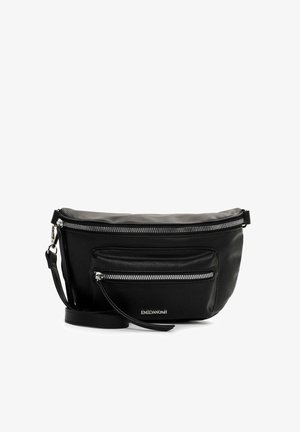 Black leather crossbody bag with silver zippers, featuring one front pocket and an adjustable strap. Smooth texture and minimalist design.