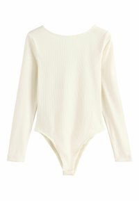 Long-sleeve bodysuit in ribbed, off-white fabric. Features a round neckline and thong bottom cut for a streamlined fit.