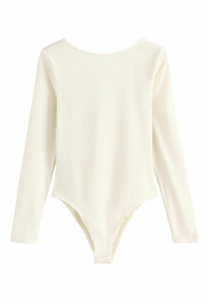 Bodysuit s dlouhým rukávem v žebrované, krémové barvě. Má kulatý výstřih a spodní část ve stylu tanga pro úzké padnutí.