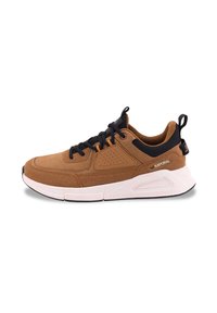 Brown suede and mesh athletic shoe with black laces, padded collar, and white sole. Features perforated accents and a pull tab at the heel.