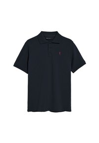 Polo de color azul marino en una mezcla de algodón, con cuello, tapeta de tres botones, mangas cortas y un logo rojo bordado en el lado izquierdo del pecho.