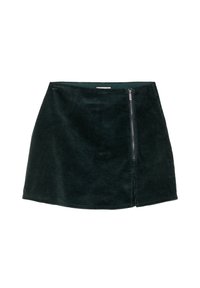 Dark green corduroy skirt with a straight-cut design, featuring a side zipper and a front slit for added detail and texture.