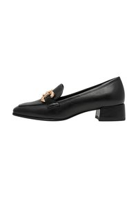 Black leather loafers with a low block heel, featuring a gold-tone decorative buckle and a pointed toe design. Smooth texture.