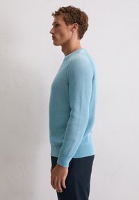 Hellblauer Strickpullover mit Rundhalsausschnitt und gerippten Bündchen, der ein strukturiertes Muster aufweist. Getragen mit dunklen Hosen. Seitenansicht.
