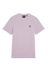 Lyse lilla bomulds-t-shirt med rund halsudskæring og korte ærmer. Har et lille gult sommerfugl-logo på venstre bryst.