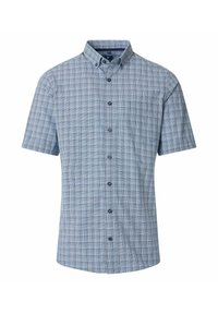 Korte mouwen overhemd met knoopsluiting in een blauw geruit patroon, voorzien van een puntige kraag, een borstzak en donkerblauwe knopen op een lichtgewicht stof.