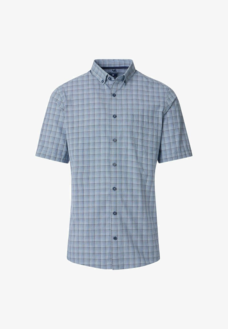 Korte mouwen overhemd met knoopsluiting in een blauw geruit patroon, voorzien van een puntige kraag, een borstzak en donkerblauwe knopen op een lichtgewicht stof.