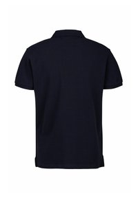 Marineblauwe polo met een kraag, korte mouwen en een rechte zoom. Gemaakt van een gladde, lichte stof.