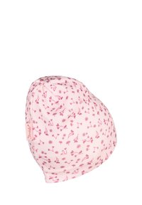 Soft pink baby hat with small dark pink floral prints and a fabric brand tag on the side against a white background.