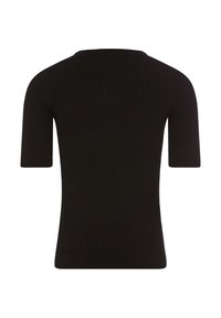 Schwarzes geripptes Kurzarm-Stricktop mit rundem Ausschnitt und taillierter Form, das einen strukturierten Stoff und ein nahtloses Rückendesign aufweist.