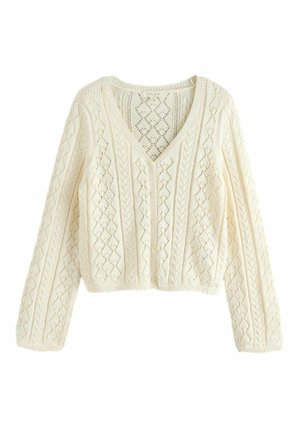 Cream-colored knitted cardigan with V-neck, button-down front, long sleeves, and a diamond and cable pattern design.
