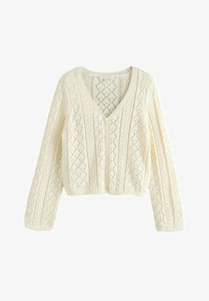 Cream-colored knitted cardigan with V-neck, button-down front, long sleeves, and a diamond and cable pattern design.
