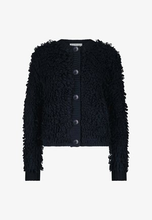 Marine gebreide cardigan met een gestructureerd, fuzzy oppervlak, ronde halslijn en vijf grote knopen aan de voorkant. Kort model met geribbelde manchetten.