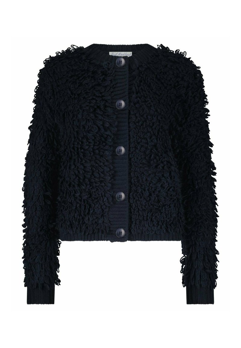 Navy gestrickte Strickjacke mit strukturiertem, fuzzy Oberflächen, runder Halslinie und fünf großen Knöpfen auf der Vorderseite. Kurz geschnitten mit gerippten Bündchen.
