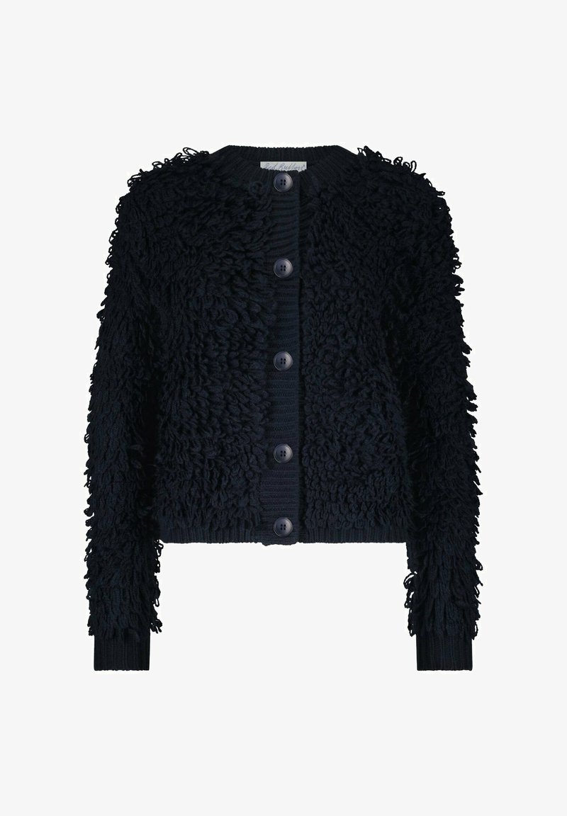 Cardigan en tricot bleu marine avec une surface texturée et floue, col rond et cinq grands boutons à l'avant. Coupe courte avec des poignets côtelés.