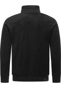 Black fleece jacket with a high collar, long sleeves, and ribbed cuffs. Soft texture with no visible patterns or accents.