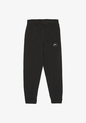 Pantalon de jogging noir en tissu léger, doté d'une taille élastique, de deux poches latérales et d'un patch logo circulaire sur la cuisse gauche.
