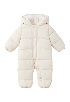 Gefütterter Baby-Schneeanzug in Cremefarben mit Kapuze, Druckknöpfen vorne und elastischen Bündchen an Handgelenken und Knöcheln.