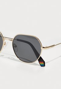 Gold-framed sunglasses with dark lenses and a unique black arm featuring a rainbow stripe accent. Sleek, octagonal shape.
