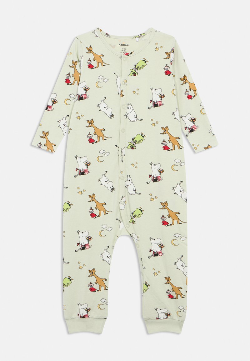 Light green one-piece pajama with long sleeves, featuring cartoon animal designs in various colors and patterns. Snap-button closure and cuffs.