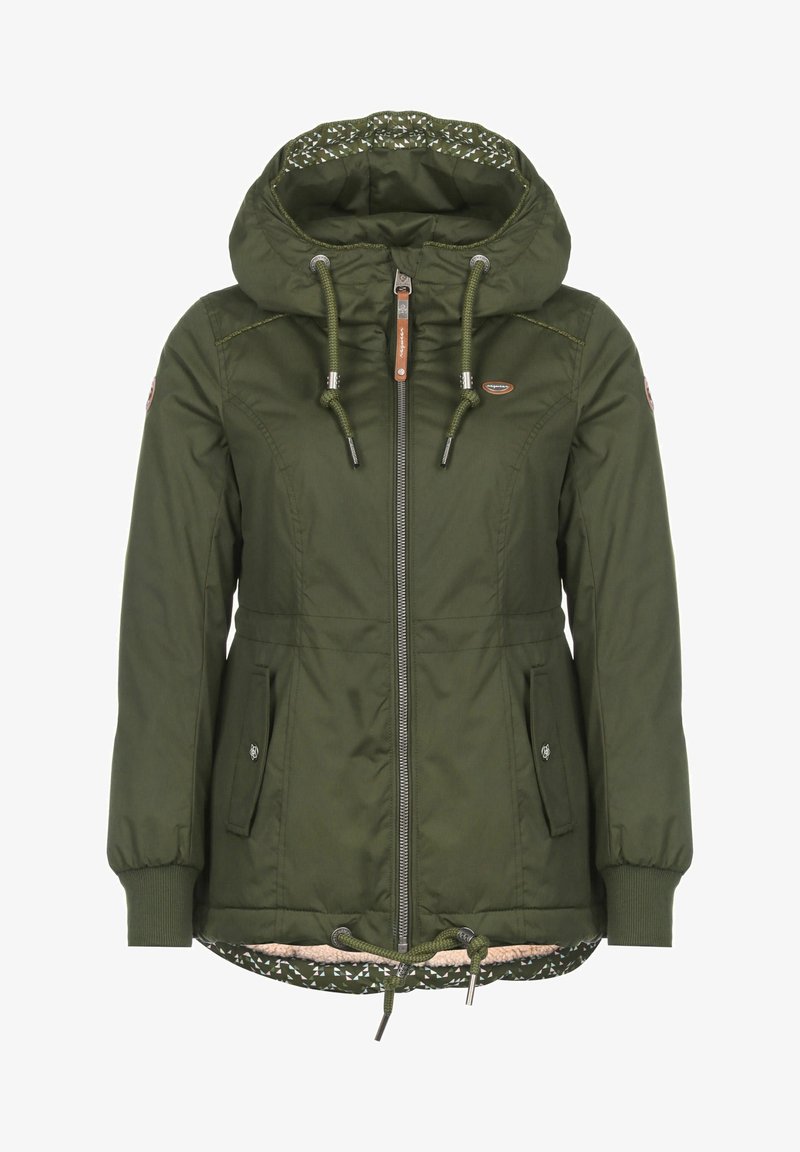 Veste verte à capuche en nylon lisse, dotée d'une fermeture éclair à l'avant, de deux poches latérales et de cordons ajustables. Doublure imprimée à l'intérieur de la capuche.