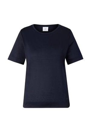Ein schlichtes marineblaues T-Shirt mit kurzen Ärmeln und Rundhalsausschnitt, mit einem kleinen weißen Etikett innen am Halsausschnitt, vor weißem Hintergrund.