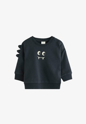 Dunkelblauer Sweatshirt für Kleinkinder mit Monsteraugen und Fangdruck sowie drei Stoffspitzen auf der linken Schulter.
