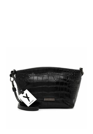 Borsa a tracolla in pelle nera con stampa coccodrillo, dalla forma curvata, con tracolla rimovibile, accessori in metallo e un tag con il marchio attaccato.