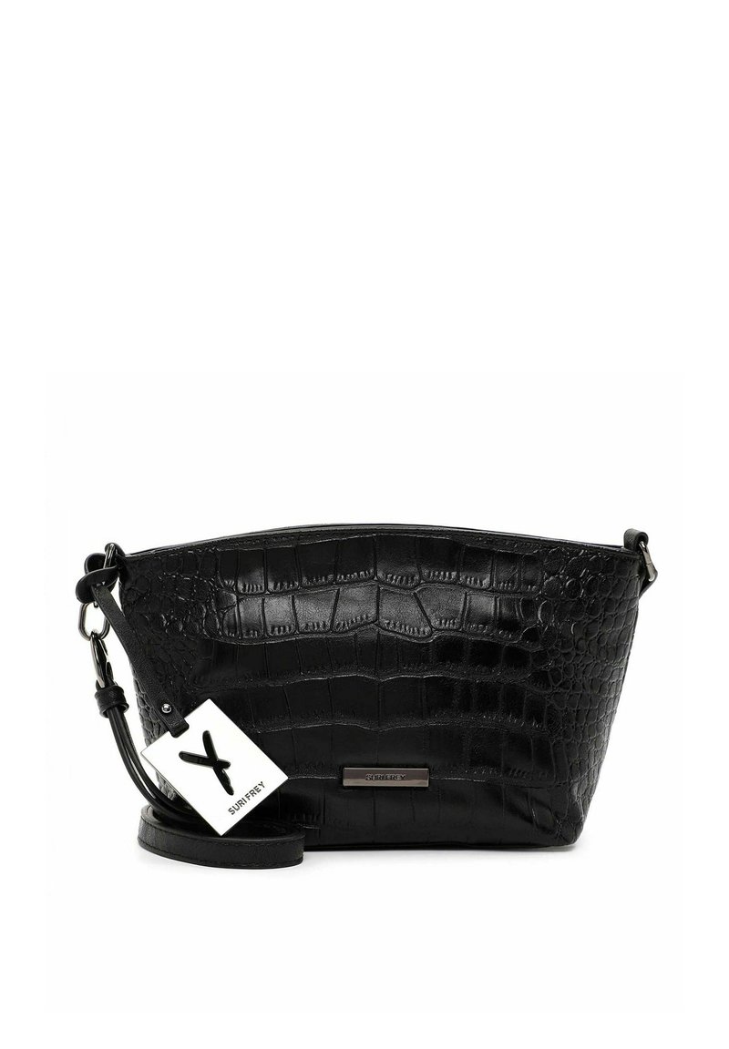 Black crocodile-embossed leather handbag with a curved shape, detachable strap, metal hardware, and a branded tag attached.