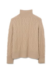 Suéter de punto beige con un cuello alto, que presenta un patrón de cable texturizado y puños y dobladillo acanalados. Diseño simple y acogedor.
