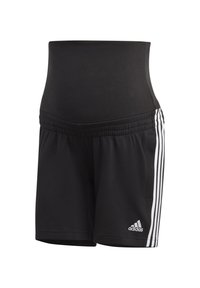 Svarta idrottsshorts med hög midja, tillverkade av mjukt tyg, med vita tre-stripes detaljer och en broderad logotyp på fållen.