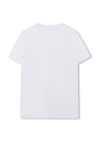 Witte katoenen t-shirt, korte mouwen, ronde hals, gladde textuur, achterzijde zonder afbeeldingen of logo's, normale pasvorm.