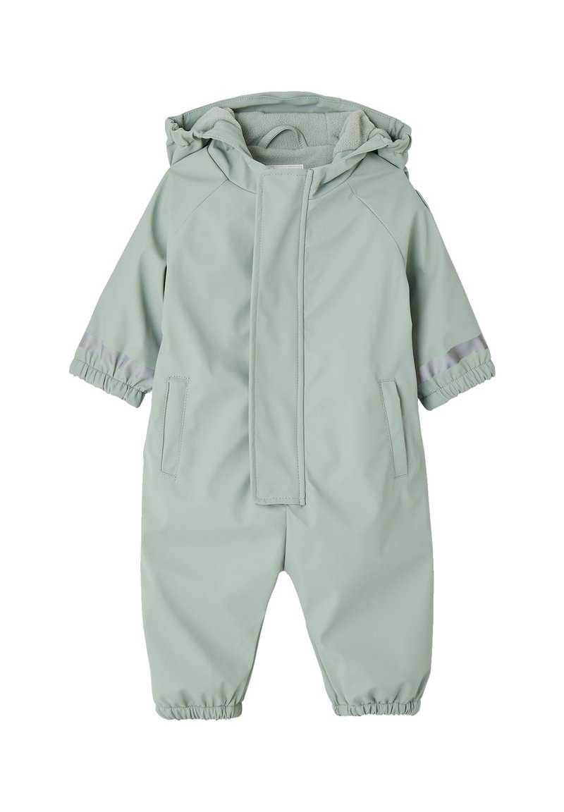 Light green waterproof jumpsuit with a hood, elastic cuffs, and two front pockets; features reflective accents on the sleeves.