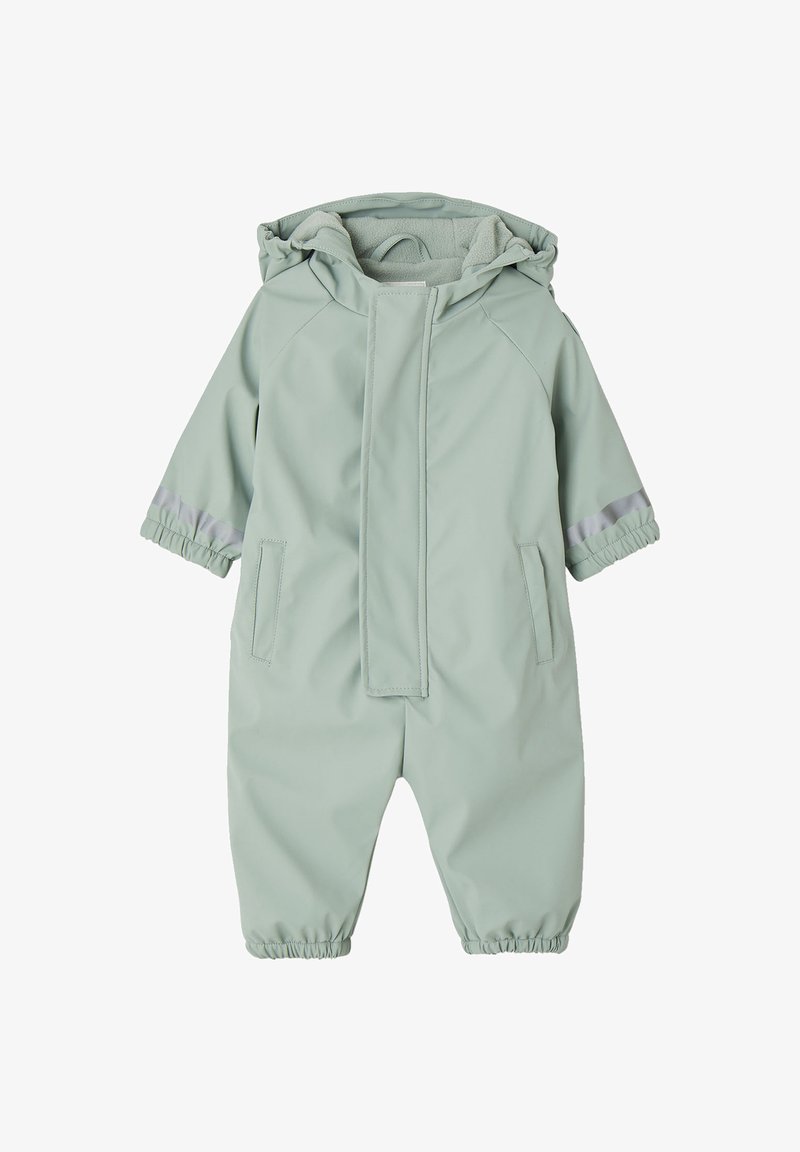 Light green waterproof jumpsuit with a hood, elastic cuffs, and two front pockets; features reflective accents on the sleeves.