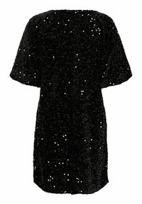 Melnas kleitas ar īsām piedurknēm, kas klāta ar spīguļiem, ar brīvu piegriezumu un apaļu kakla izgriezumu. Mīksta tekstūra ar spīdīgām akcentiem.