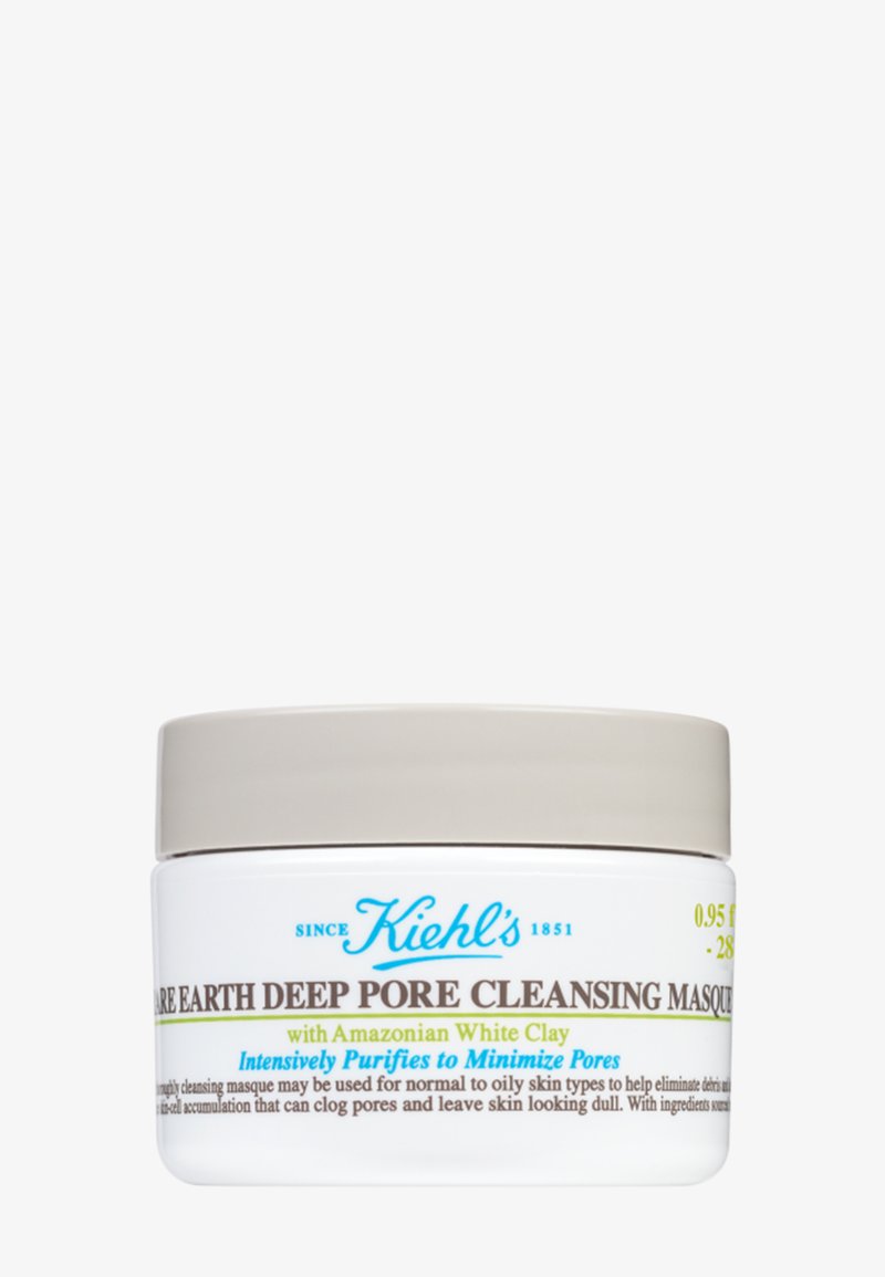 Vit kruka med Kiehl's Rare Earth Deep Pore Cleansing Masque och ett grått lock, med blå och bruna texter. Kapacitet: 0,95 fl oz (28 g).
