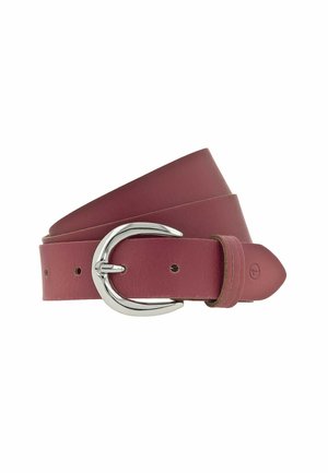 Bordeauxroter Ledergürtel mit silberner Metallschnalle, glatter Textur und Lochstanzungen zur Anpassung, entworfen für legere oder formelle Kleidung.