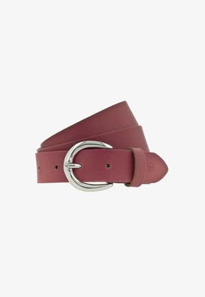 Bordowy skórzany pasek z srebrną metalową klamrą, gładką fakturą i dziurkami do regulacji, zaprojektowany na co dzień lub do formalnego stroju.