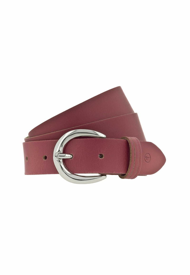 Bordowy skórzany pasek z srebrną metalową klamrą, gładką fakturą i dziurkami do regulacji, zaprojektowany na co dzień lub do formalnego stroju.