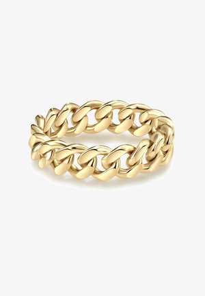 Anello in oro con catena caratterizzato da anelli ovali intrecciati e finitura lucida, che mette in mostra superfici lisce e un profilo arrotondato.