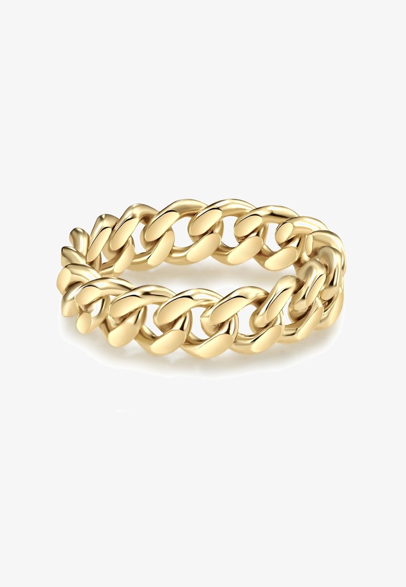 Zlati prstan s povezanimi ovalnimi povezavami, ki ima sijočo površino in prikazuje gladke in zaobljene oblike.