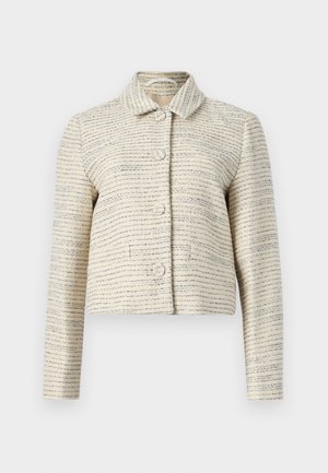 Ivory cropped jacket with a textured fabric featuring horizontal blue and black stripes. It has long sleeves, a collared neck, and round buttons.