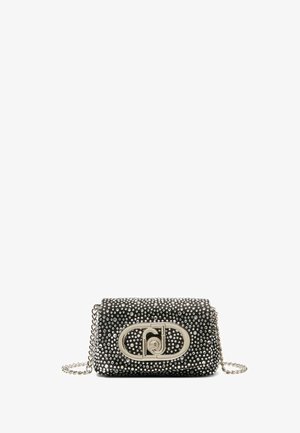 Black studded handbag with silver hardware, oval closure, and chain strap. Textured surface with evenly spaced metallic accents.
