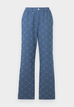 Pantaloni blu a motivo con un design a rombi trapuntato, decorati con piccole perline, dotati di una vita elastica e di una chiusura a bottone.