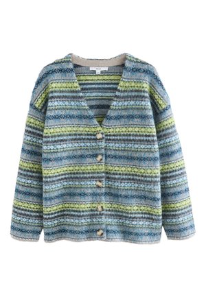 Cardigan multicolore avec des rayures bleues, vertes et grises, doté d'un col en V et de cinq boutons en bois sur le devant. Tissu doux et texturé.