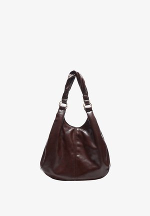 Dark brown leather handbag with twisted shoulder strap and metal ring accents, slouchy hobo style.
