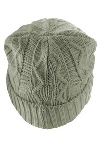 Beanie lavorato a maglia verde menta con un motivo testurizzato che presenta design a treccia e un bordo a coste nella parte inferiore. Filato morbido e spesso.
